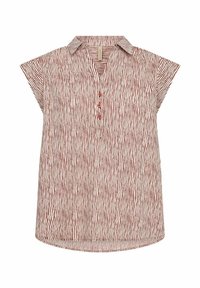 Korte mouwen shirt in licht crème met rode verticale strepen, voorzien van een kraag, knoopsluiting en een relaxed fit met een afgeronde zoom.