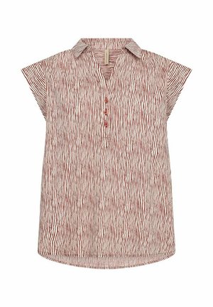 Korte mouwen shirt in licht crème met rode verticale strepen, voorzien van een kraag, knoopsluiting en een relaxed fit met een afgeronde zoom.