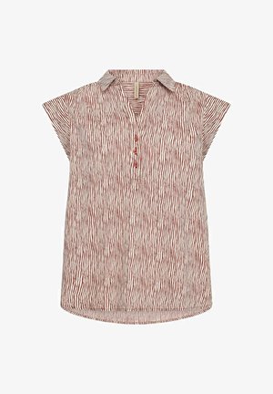 Korte mouwen shirt in licht crème met rode verticale strepen, voorzien van een kraag, knoopsluiting en een relaxed fit met een afgeronde zoom.