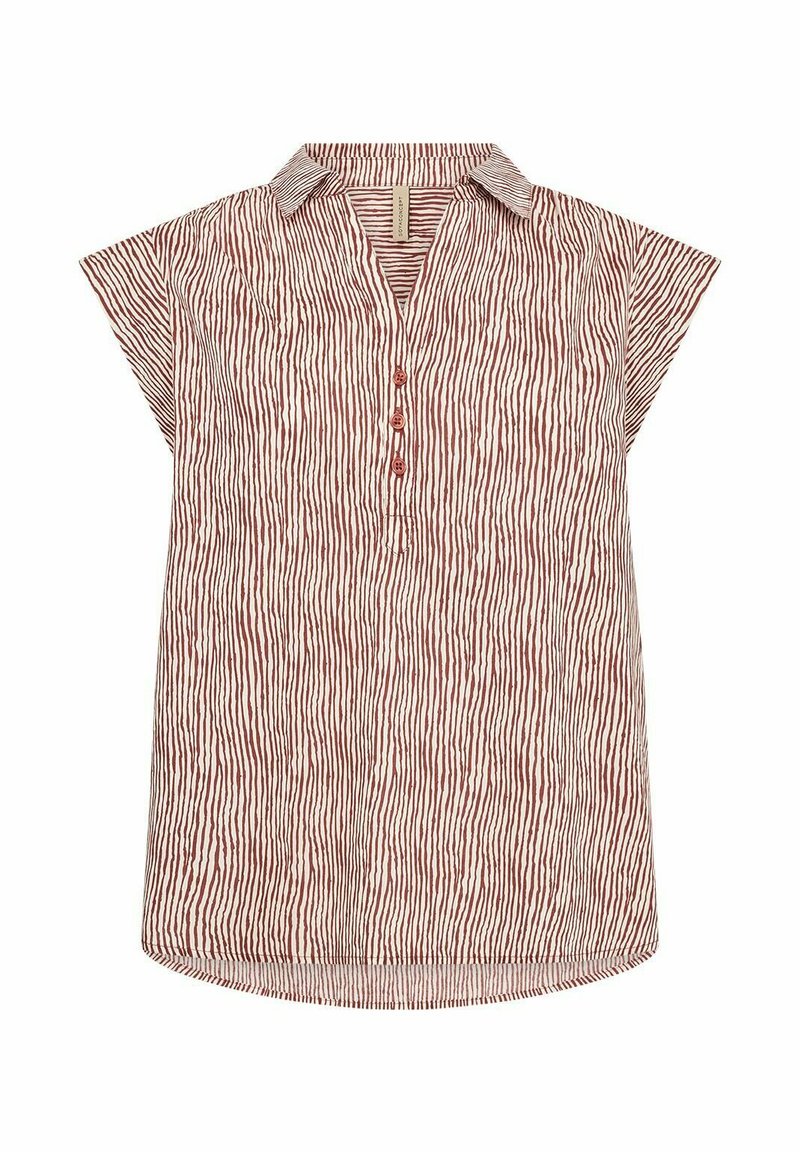 Korte mouwen shirt in licht crème met rode verticale strepen, voorzien van een kraag, knoopsluiting en een relaxed fit met een afgeronde zoom.