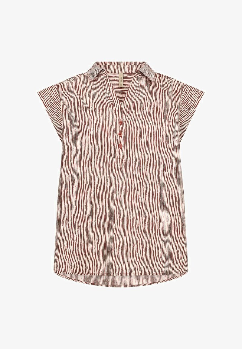 Korte mouwen shirt in licht crème met rode verticale strepen, voorzien van een kraag, knoopsluiting en een relaxed fit met een afgeronde zoom.