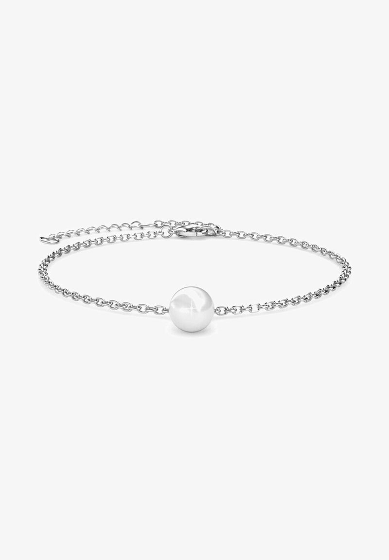 Bracciale in chain d'argento con una singola perla bianca rotonda al centro, superficie liscia e finitura lucida, con chiusura a moschettone.