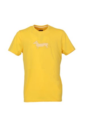 Gele katoen T-shirt met een gestreepte omtrek van een teckel aan de voorkant, ronde halslijn en korte mouwen.