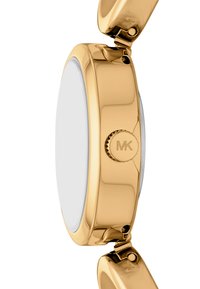 Orologio in metallo dorato con cassa rotonda lucida e lunetta liscia, quadrante bianco e corona con marchio e logo inciso.