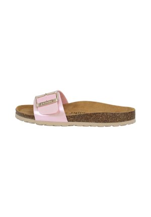 Pink slide sandal with metallic buckle, cork footbed, and textured rubber sole. Smooth upper material and contoured design for comfort.