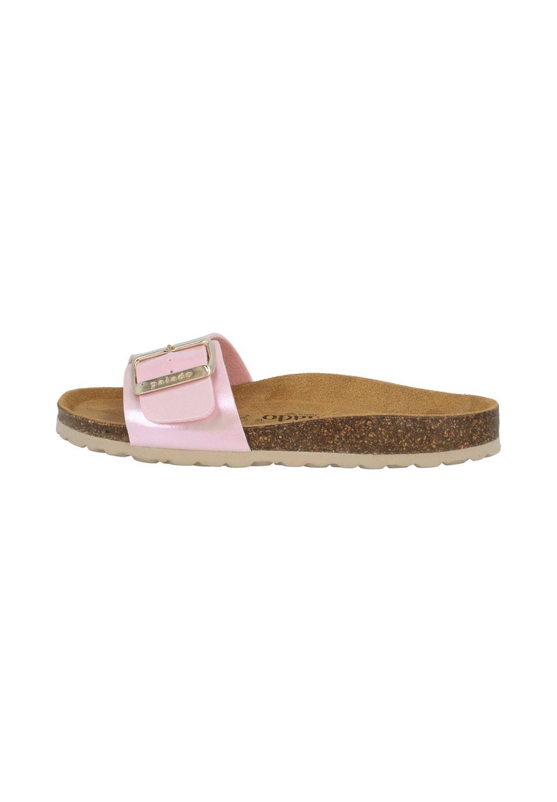 Roze instapsandaal met metallic gesp, kurken voetbed en gestructureerde rubberen zool. Glad bovenmateriaal en gevormd ontwerp voor comfort.