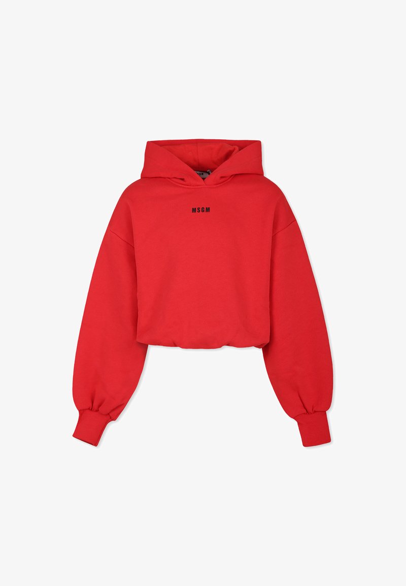 Rode cropped hoodie van zachte katoen, met lange mouwen en een capuchon met trekkoord. Zwart "MSG" logo gedrukt aan de voorkant.
