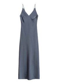Sukienka na ramiączkach w kolorze niebieskim z satyny, o delikatnym kroju, midi długości, z dekoltem w kształcie litery V i subtelnym wzorem kropek.