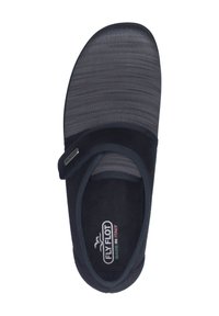 Black slip-on shoe with a textured grey upper, soft suede lining, and a simple Velcro strap. Features a printed logo on the sole.