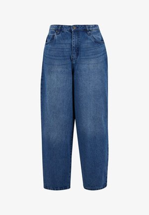 Høyt liv, rette benjeans i mellomblå denim. Har fem lommer, metallknapplukking og dobbel søm i kanten.
