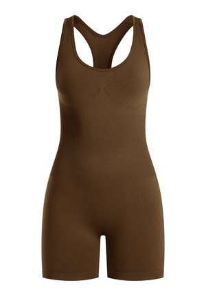 Brązowy bodysuit ze żłobieniami, z dekoltem w serek i designem typu racerback. Krótkie nogawki i bezszwowa tekstura zapewniają gładkie dopasowanie. Miękki materiał.