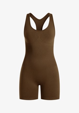 Ruskea ribattu bodysuit, jossa on pyöreä kaula-aukko ja urheiluvaatetyylinen selkäosa. Lyhyet lahkeet ja saumaton rakenne tarjoavat sujuvan istuvuuden. Pehmeä materiaali.