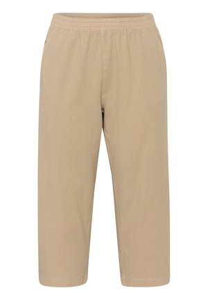 Bežové volnočasové kalhoty s elastickým pasem, bočními kapsami, rovnými nohavicemi a délkou ke kotníkům.