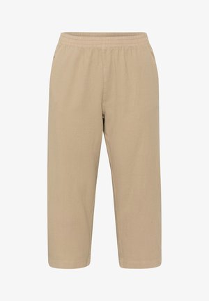 Khakifarbene Stretchhose mit einem elastischen Bund, seitlichen Taschen und einer lockeren Passform. Hergestellt aus leichtem Baumwollstoff.