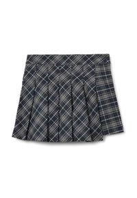 Gonna plissettata a scacchi navy con linee orizzontali e verticali, caratterizzata da una vita strutturata e un orlo pulito. Tessuto testurizzato.