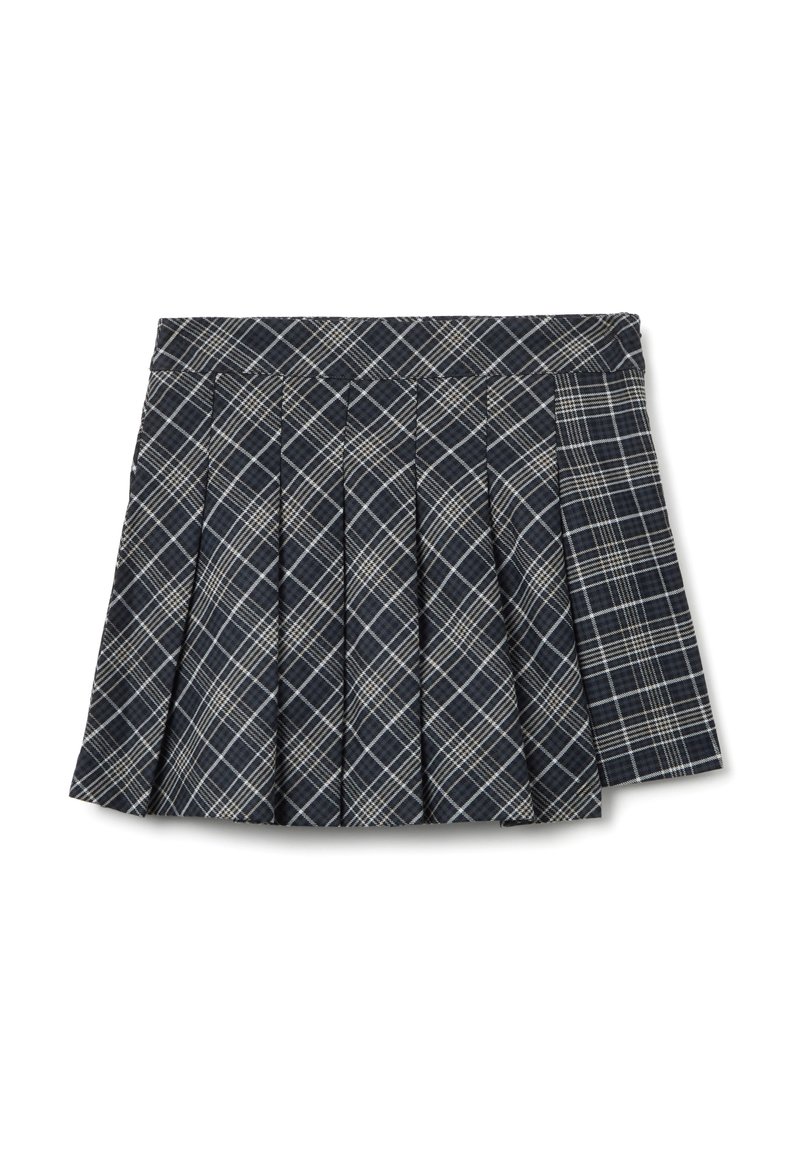 Gonna plissettata a scacchi navy con linee orizzontali e verticali, caratterizzata da una vita strutturata e un orlo pulito. Tessuto testurizzato.