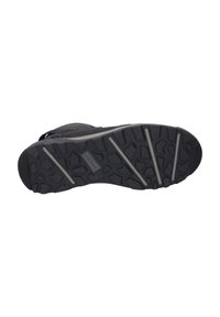 Suela de goma negra con un patrón texturizado que presenta surcos y crestas para ofrecer tracción. Acentos en gris claro a lo largo de los lados.