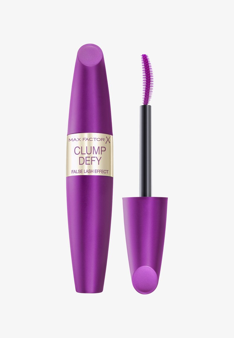 Max Factor Clump Defy mascara i en purpurfarvet cylindrical tube med en gylden label. Har en slank børste med fine børstehår til påføring.