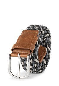 Gewebter Gürtel mit einem geflochtenen Design in Grau und Weiß, ausgestattet mit einem braunen Lederstück und einer silbernen Metallschnalle. Strukturierte Stoffkonstruktion.