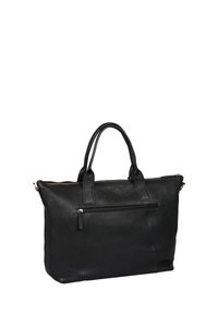 Borsa tote in pelle nera con finitura testurizzata, due manici robusti, un scomparto principale con zip e una tasca esterna con zip per lo stoccaggio.
