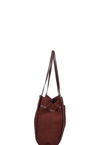 Borsa a tote in suede marrone con dettagli in pelle marrone, caratterizzata da una forma morbida e curvata e due manici per le spalle. Design con apertura superiore per una facile accessibilità.