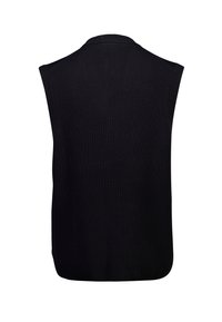 Schwarzer, gerippter ärmelloser Pullover mit rundem Ausschnitt und glatter Textur, ohne Verschlüsse oder Verzierungen gestaltet.