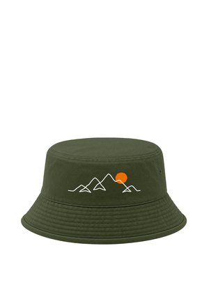 Olive green bucket hat with a white mountain line design and an orange sun on the front.