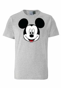 Graues Baumwoll-T-Shirt mit einem großen schwarz-weißen Mickey-Maus-Gesicht auf der Vorderseite. Kurze Ärmel und Rundhalsdesign.