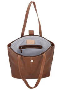 Braune Ledertasche mit zwei langen Griffen, magnetischem Druckverschluss, gestreiftem Innenfutter aus Stoff und einer Reißverschlusstasche innen.
