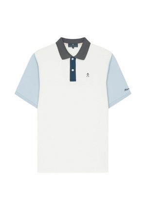 Polo de manga corta con cuerpo blanco, mangas azul claro, cuello gris oscuro y tapeta de botones azul marino con logo en el pecho y la manga.