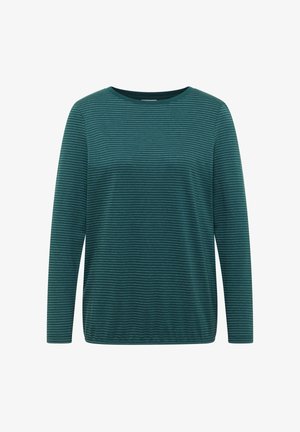 Maglia a maniche lunghe di colore verde foresta con sottili righe orizzontali e scollo rotondo.
