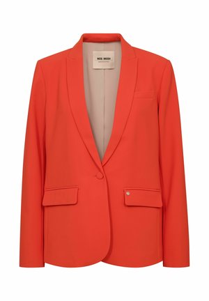 Élénk narancssárga női blézer bevágott reverekkel, gombos záródással, két fedeles zsebbel és bézs belső béléssel.