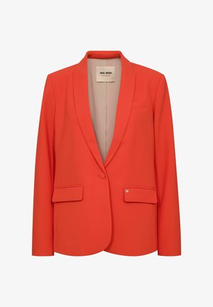 Blazer para mujer de color naranja brillante con solapas con muesca, cierre de botones, dos bolsillos con solapa y forro interior beige.