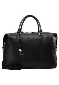 Sort læder duffel taske med dobbelt topgreb, aftagelig skulderrem, lynlåslukning og metalhardware. Glat tekstur og struktureret form.