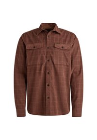 Bruine geruite blouse met lange mouwen, gemaakt van gestructureerde stof. Bevat twee borstzakken en knoopsluitingen met een klassieke kraag.