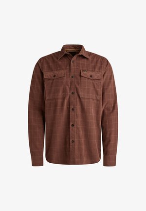 Camicia a maniche lunghe a quadri marrone realizzata in tessuto testurizzato. Presenta due tasche sul petto e chiusure a bottone con un colletto classico.