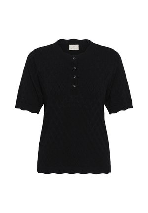 Čierny pletený krátky rukáv s diamantovým vzorom, okrúhlym výstrihom, rebrovanými okrajmi a predným zapínaním na päť gombíkov.