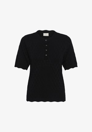 Čierny pletený krátky rukáv s diamantovým vzorom, okrúhlym výstrihom, rebrovanými okrajmi a predným zapínaním na päť gombíkov.