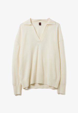 Cremfarbener Pullover mit V-Ausschnitt, kurzem Kragen, lockerer Passform, geripptem Saum und weicher Textur. Hergestellt aus leichtem Material.