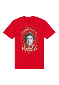 Červené bavlněné tričko s grafickým designem zobrazujícím obličej a textem "JSEM KOTONOVÁ HLAVA NINNY MUGGINS" v bílé a zelené barvě.