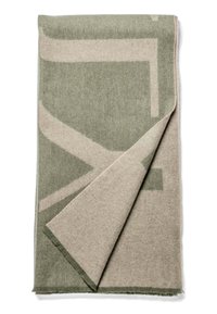 Couverture tissée à plat en vert doux et beige, présentant un design géométrique avec une texture lisse et des bords effilochés.