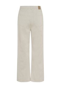 Gai bēšas krāsas platās bikses ar divām aizmugurējām kabatām un jostu cilpām, attēlots no aizmugures uz balta fona.