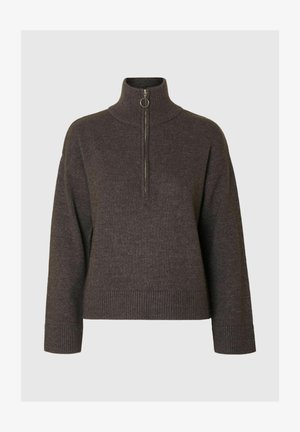 Pull en marron foncé avec un col montant et une demi-fermeture éclair, doté de poignets et d'un ourlet côtelés, fabriqué dans un tissu doux et texturé.