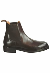 Brune læder Chelsea boot med elastiske sidepaneler, rund tå og teksturerede detaljer. Har en trækhank og en flad gummisål.