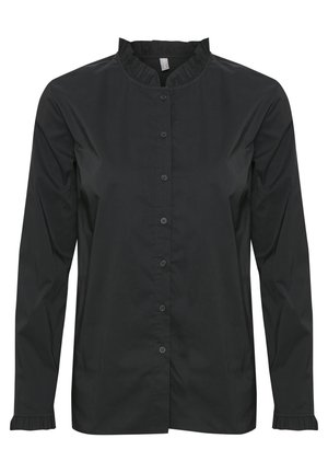 Melns krekls ar pogāšanu, izgatavots no gludas auduma, ar frills apkakli, garām piedurknēm un pogājamiem rakstiem. Vienkāršs dizains bez rakstiem.