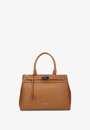 Bruine leren handtas met een gestructureerd ontwerp, dubbele bovenhandvatten, een zilveren slotaccent en een textuur oppervlak. Voorzien van een platte riem en logodetail.