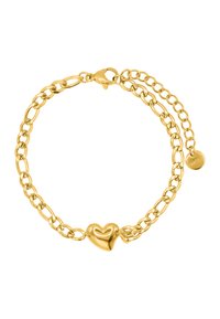 Bracciale in oro con finitura testurizzata, dotato di un ciondolo a forma di cuore e una chiusura a moschettone. Lunghezza regolabile con link aggiuntivi.