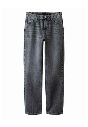 Schwarze Denim-Jeans mit geradem Bein, ausgestattet mit einem klassischen Fünf-Taschen-Design und einer dezenten, verwaschenen Textur über dem Stoff.