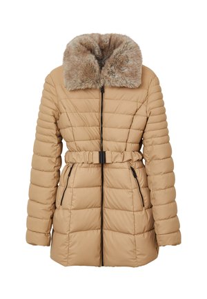 Beige gesteppter Wintermantel mit breitem Kunstfellkragen, Frontreißverschluss, tailliertem Gürtel und seitlichen Reißverschlusstaschen.