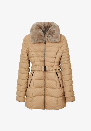 Cappotto invernale beige trapuntato con ampio colletto in pelliccia sintetica, zip frontale, vita con cintura e tasche laterali con zip.